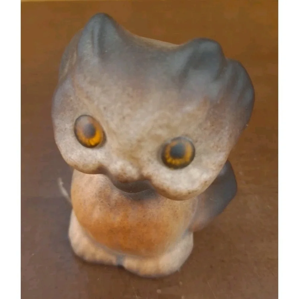 Owl Mini Figurine‎ 2-1/4 Brown Glass Eyes US Pottery Ceramic